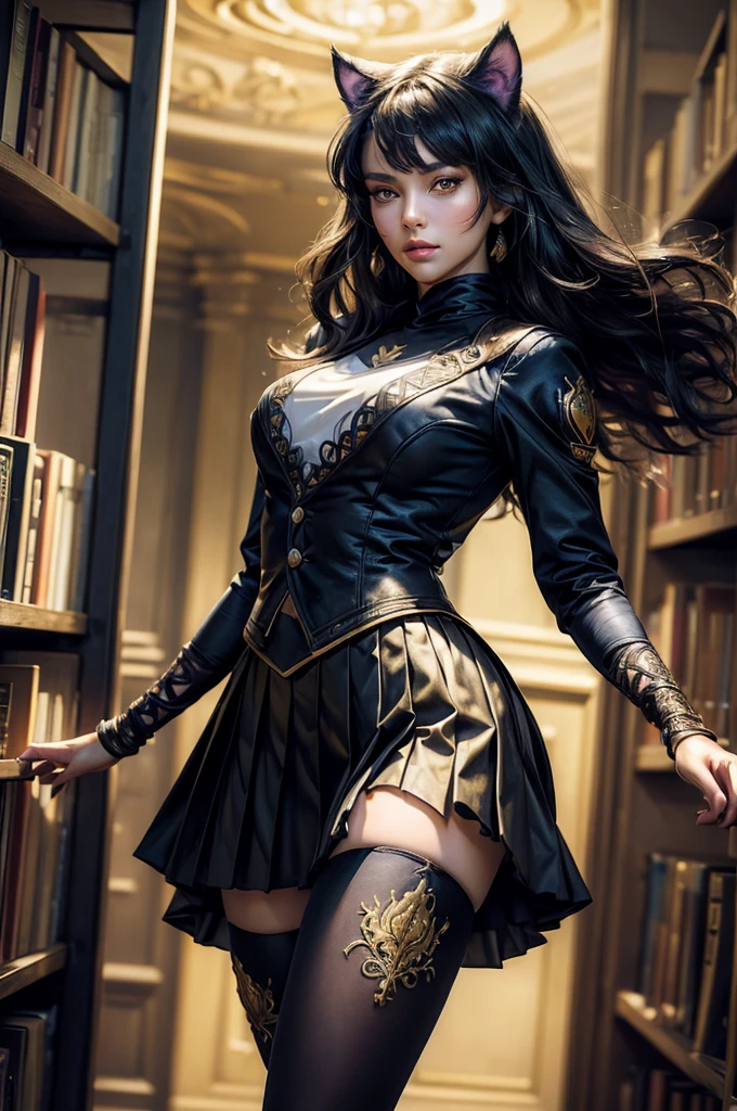 (masterpiece,stunning girlfriend, (standing:1.1), dynamic pose, heart shaped face, elegant face, beautiful face, highly detailed face, highly detailed skin, skin pores, subsurface scattering, realistic pupils, looking at viewer, full lips, detailed background, depth of field, atmospheric perspective, volumetric lighting, sharp focus, absurdres, realistic proportions, good anatomy, (realistic, hyperrealistic:1.4), 16k hdr, (masterpiece, best quality), intricate details, 1girl, blake_belladonna, gmuniform, blue thighhighs, black and gold uniform, library