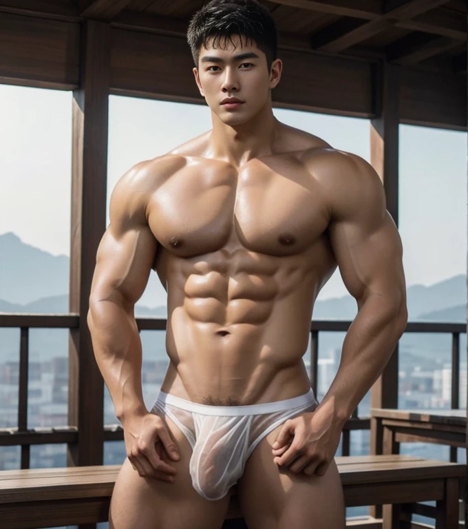 1 handsome Chinese guy，wet body, wet hair, 18-year-old male high school student，majestic，Who is Shi Yu?, Li Yuanbin, Kim Hyung Tae, Kim Hyung Tae, Yin Shishan, Wang Yi Bao, Handsome Chinese muscular guy，Broad shoulders and narrow waist，A handsome guy wearing white brief, wet skinny brief, transperent underwear ( see through)，Form-fitting fabric contours the bust, bare chest，in a buddism pagoda，buddism statues background, detailed background, hands tied behind back，Hands tied behind the back，hands tied top the head，Masculine and sexy，High，Muscles look good，manly, hairy body，Wheat complexion，black eyes（thin eyes 1：3），whole body image, bare butts, nice butts, big bulge , long big dick, perfect dick, open legs