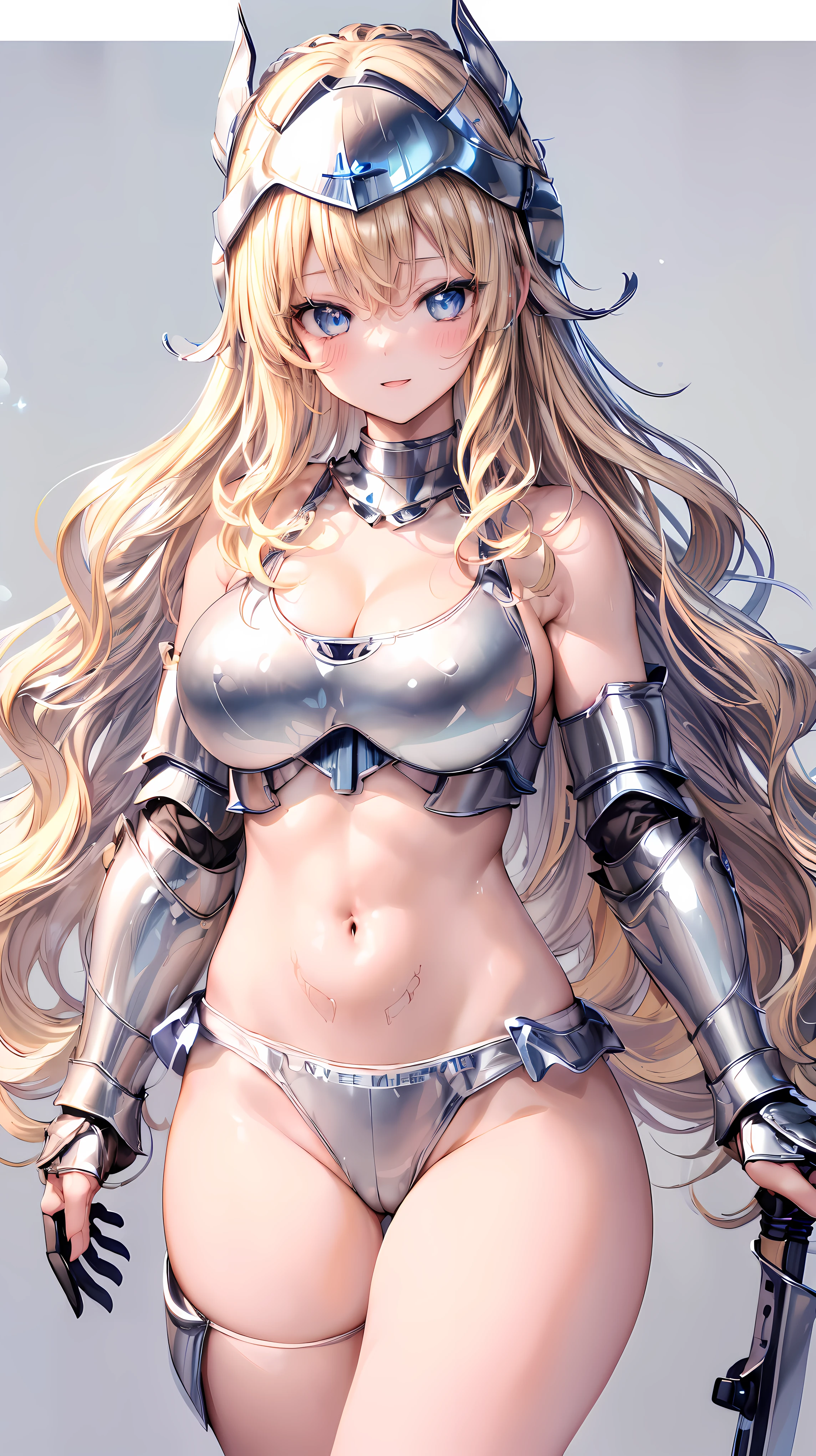 Very detailed、highest quality、Best image quality、masterpiece、8k、Anime Face、A kind smile、Open your mouth、Sparkling blue eyes、(Blonde wavy hair:1.5)、、Muscles of the whole body、camisole、Thigh belt、mini skirt、(Wearing silver bikini armor:1.5)、(Cowboy Shot:1.5)、(Leg armor:1.5)、(Wearing a helmet:1.5)