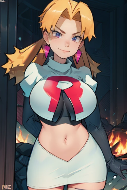 Cassidy, Team rocket, team rocket uniform, red letter R, white skirt,white crop top,black thigh-high boots, black elbow gloves, evil smile, earrings, large breasts, sexy pose