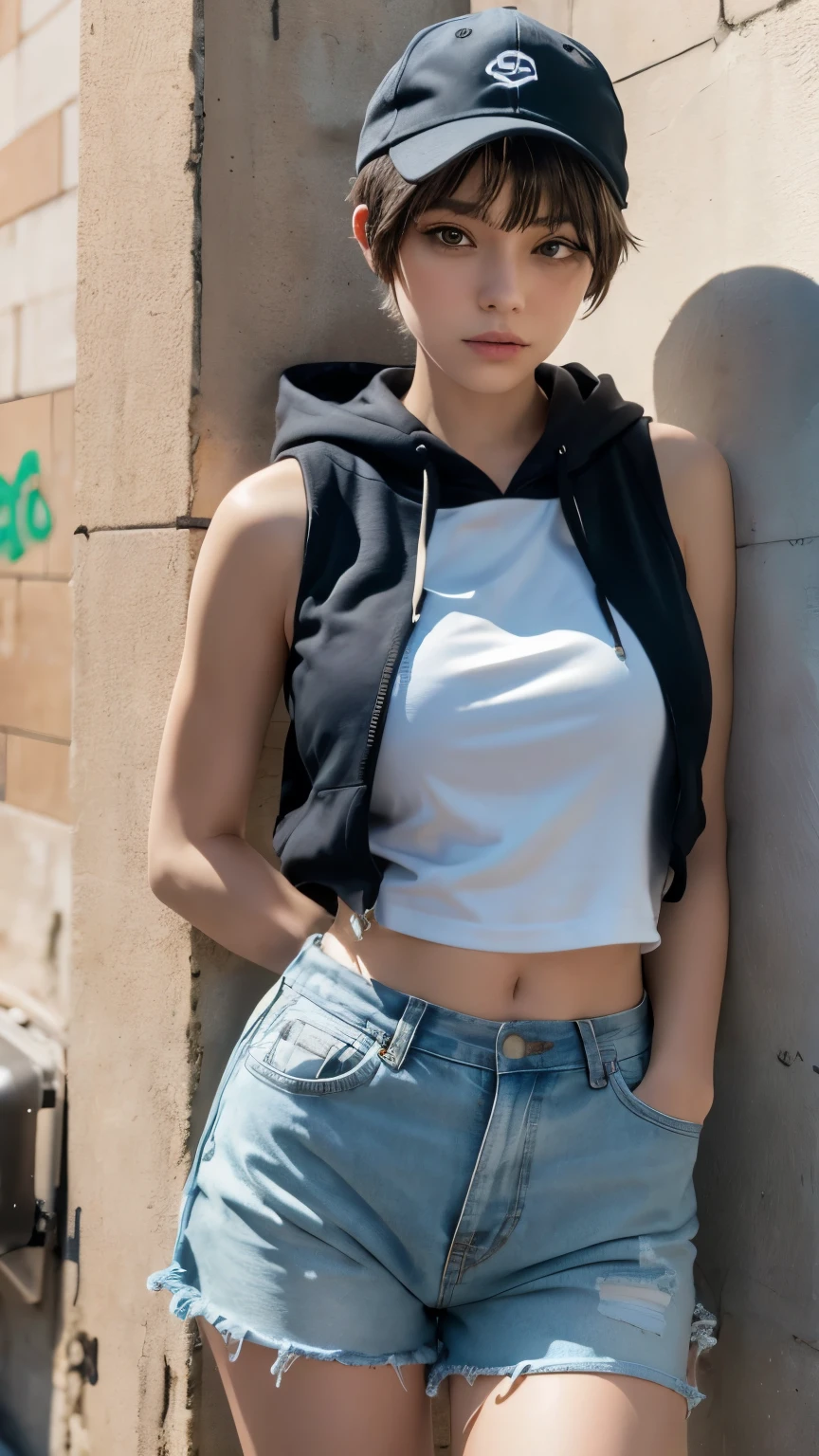 Raw photo, candid, textured skin, (dynamic pose), 1girl, slender body, pale skin, messy bun, heterochromia, freckles, smiling, oversized hoodie, (open zipper shorts:1), thick thighs, (wide thigh gap:1.2), rooftop, photorealistic, best quality, 8k, masterpiece