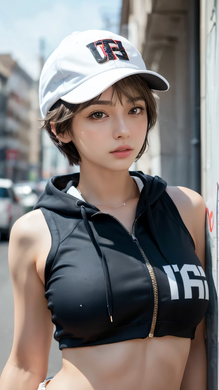 masterpiece, highest quality, Super detailed, 8k, Photorealistic, One girl, alone, Tomboy, Super detailed face, (head shot:1.5), Standing against a wall covered in hip-hop graffiti, White hair color with pixie cut, He is wearing a short tank top and an unzipped hoodie.,The chest is visible,Nice butt,Wearing a New Era cap