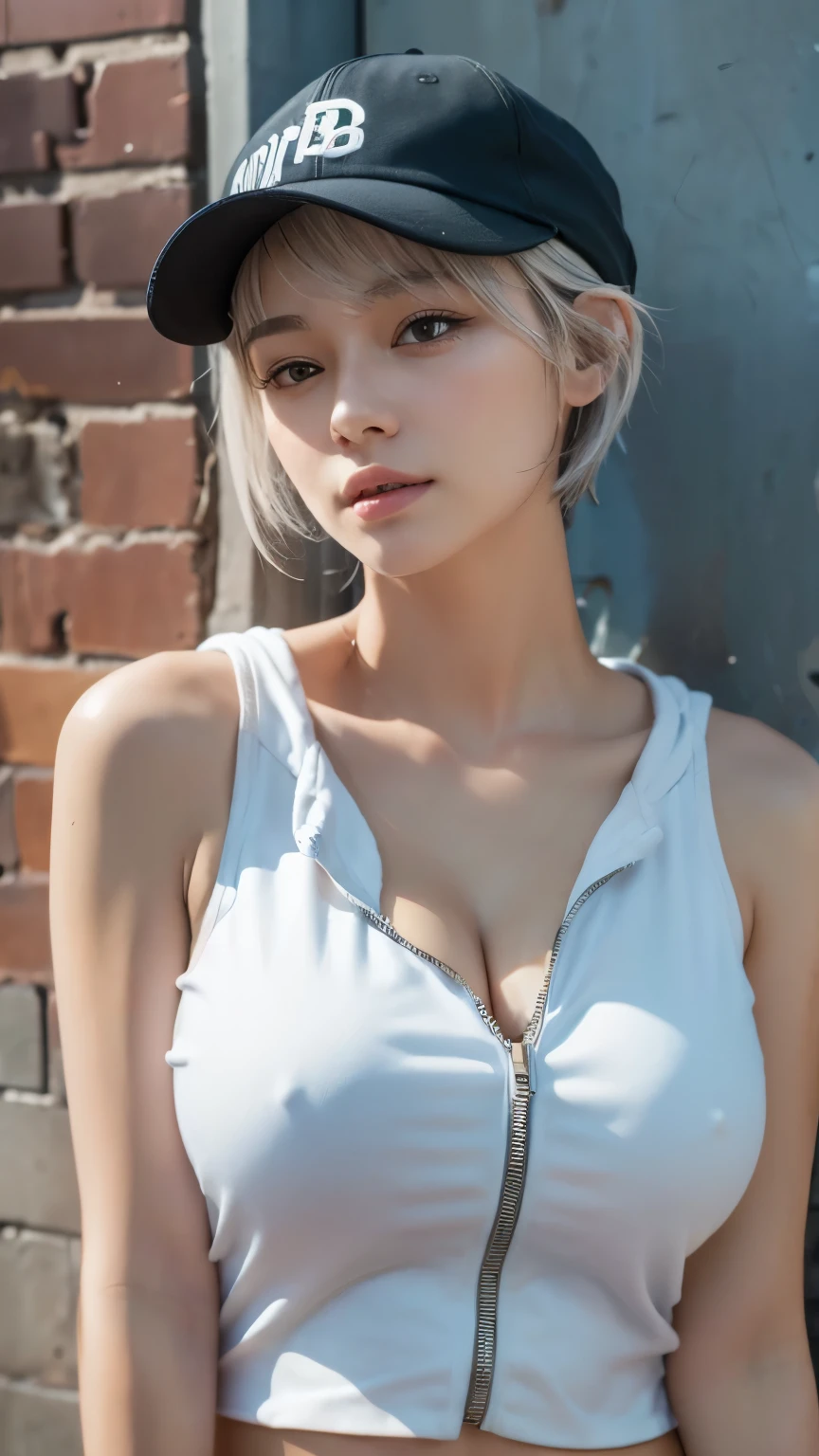 masterpiece, highest quality, Super detailed, 8k, Photorealistic, One girl, alone, Tomboy, Super detailed face, (head shot:1.5), Standing against a wall covered in hip-hop graffiti, White hair color with pixie cut, He is wearing a short tank top and an unzipped hoodie.,The chest is visible,Nice butt,Wearing a New Era cap