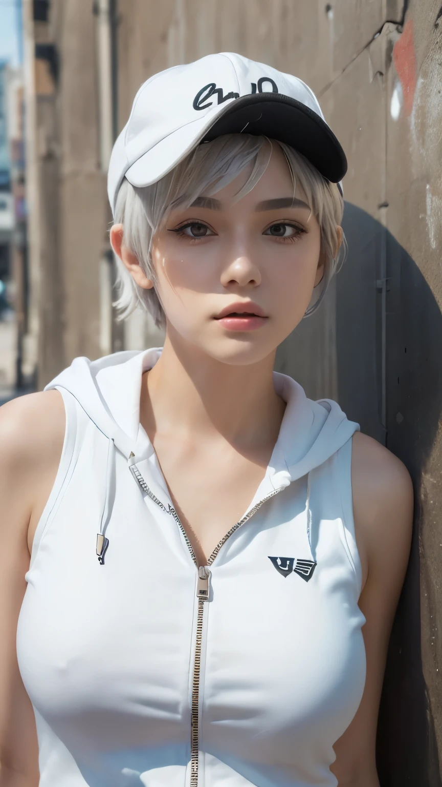 masterpiece, highest quality, Super detailed, 8k, Photorealistic, One girl, alone, Tomboy, Super detailed face, (head shot:1.5), Standing against a wall covered in hip-hop graffiti, White hair color with pixie cut, He is wearing a short tank top and an unzipped hoodie.,The chest is visible,Nice butt,Wearing a New Era cap