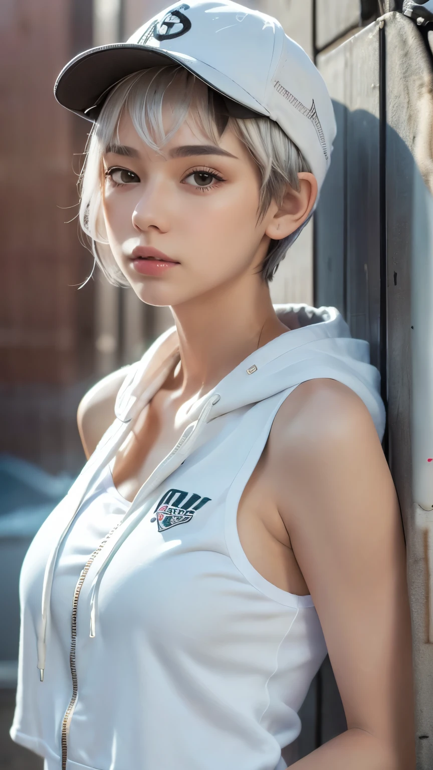 masterpiece, highest quality, Super detailed, 8k, Photorealistic, One girl, alone, Tomboy, Super detailed face, (head shot:1.5), Standing against a wall covered in hip-hop graffiti, White hair color with pixie cut, He is wearing a short tank top and an unzipped hoodie.,The chest is visible,Nice butt,Wearing a New Era cap