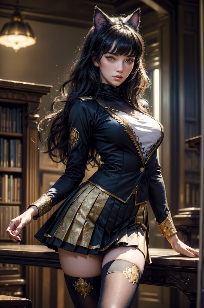 (masterpiece,stunning girlfriend, (standing:1.1), dynamic pose, heart shaped face, elegant face, beautiful face, highly detailed face, highly detailed skin, skin pores, subsurface scattering, realistic pupils, looking at viewer, full lips, detailed background, depth of field, atmospheric perspective, volumetric lighting, sharp focus, absurdres, realistic proportions, good anatomy, (realistic, hyperrealistic:1.4), 16k hdr, (masterpiece, best quality), intricate details, 1girl, blake_belladonna, gmuniform, pleated skirt, blue thighhighs, black and gold uniform, library