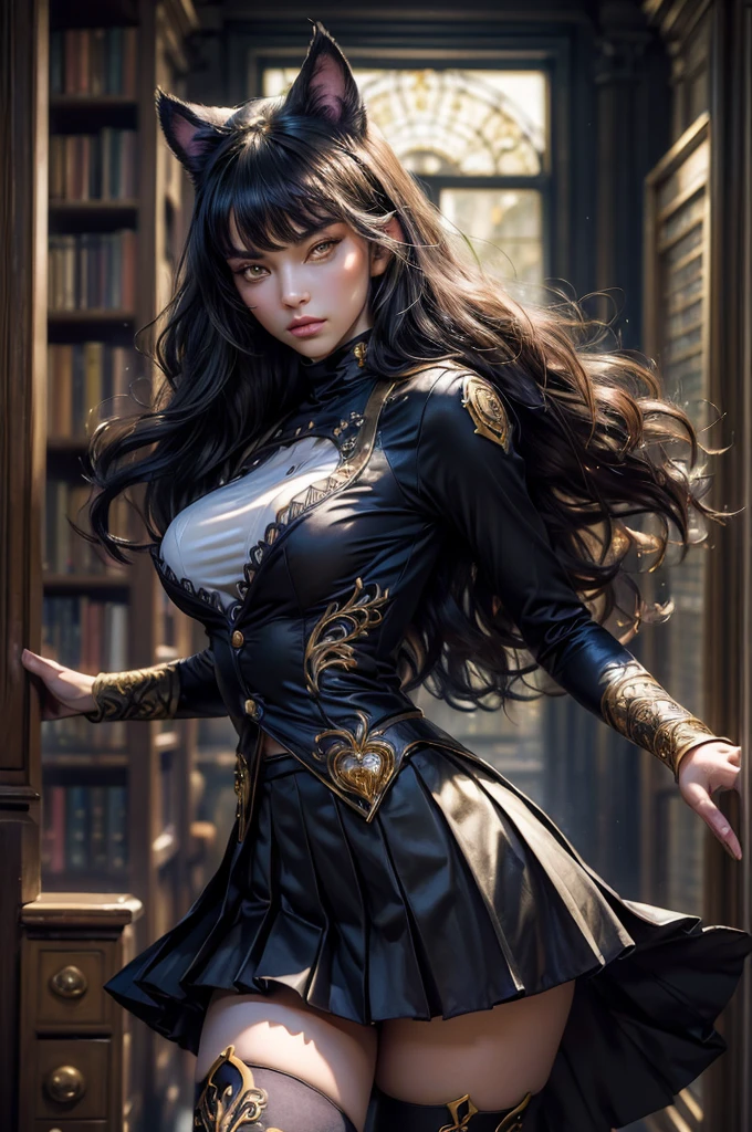 (masterpiece,stunning girlfriend, (standing:1.1), dynamic pose, heart shaped face, elegant face, beautiful face, highly detailed face, highly detailed skin, skin pores, subsurface scattering, realistic pupils, looking at viewer, full lips, detailed background, depth of field, atmospheric perspective, volumetric lighting, sharp focus, absurdres, realistic proportions, good anatomy, (realistic, hyperrealistic:1.4), 16k hdr, (masterpiece, best quality), intricate details, 1girl, blake_belladonna, gmuniform, pleated skirt, blue thighhighs, black and gold uniform, library