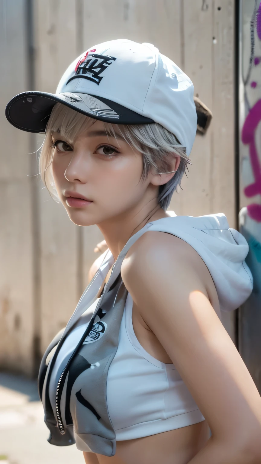 masterpiece, highest quality, Super detailed, 8k, Photorealistic, One girl, alone, Tomboy, Super detailed face, (head shot:1.5), Standing against a wall covered in hip-hop graffiti, White hair color with pixie cut, He is wearing a short tank top and an unzipped hoodie.,The chest is visible,Nice butt,Wearing a New Era cap