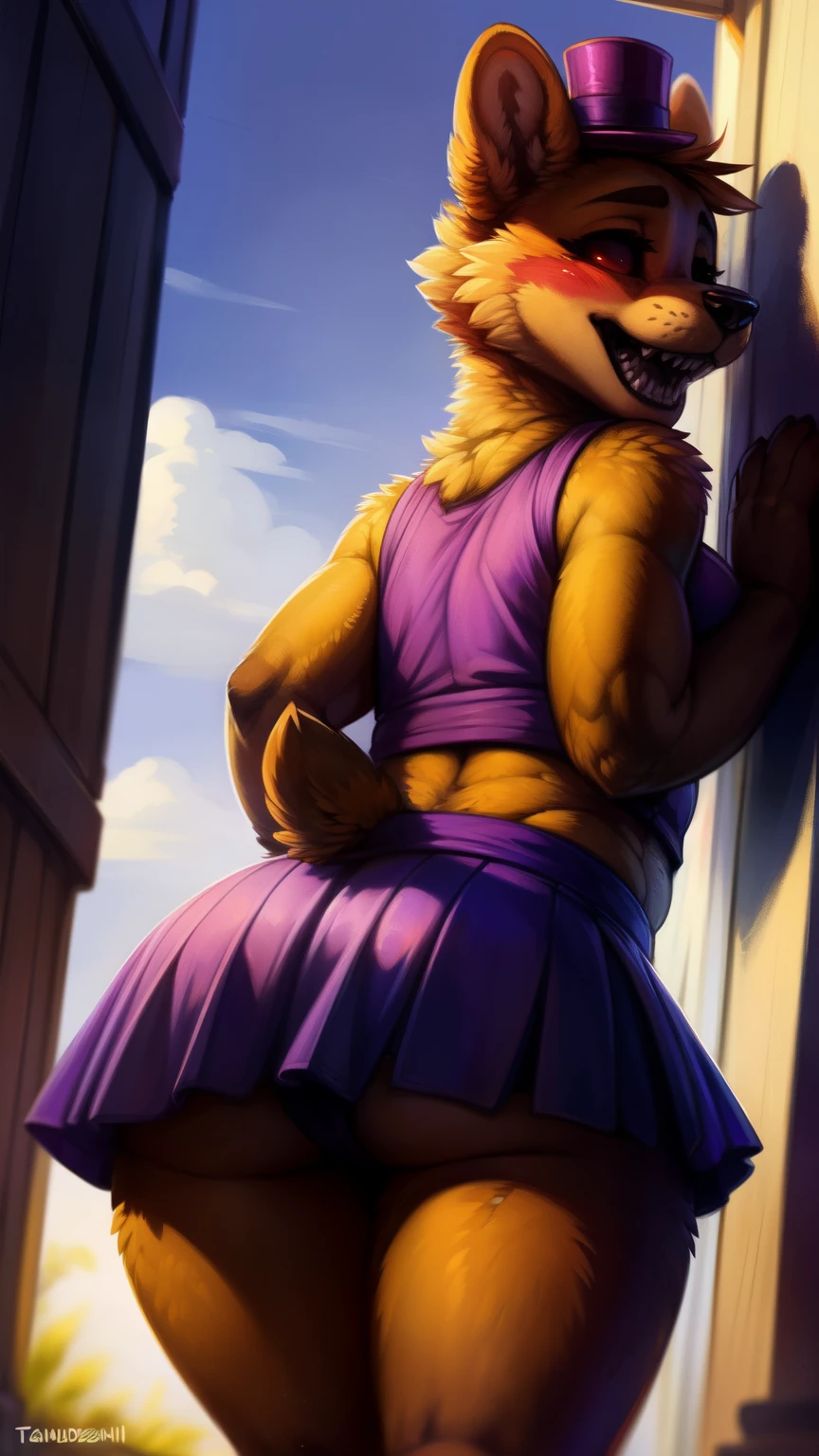 ((by itagaki_paru, by kenket, Ross Tran, ruan jia, zaush, foxovh, by Zackary911, by hyattlen, by teranen, by fumiko, by Pixelsketcher, by Bayard Wu, by Thomas Benjamin Kennington, by Einshelm, by Kilinah, by Coffeesoda, by Hioshiru, by fluff-kevlar, by r-mk, by Dimwitdog,By chelodoy, by zaush, by bebebebebe, by spuydjeks, by meesh, by bigcozyorca)), solo female,looking at viewer, masterpiece, best quality, bear ears, red eyes,bear teeth, nightmare,black bear, furry, solo, (upper body close-up), (furry), bear girl, bear ears, ((body fur)), (smooth fur), (striped shirt), (sport skirt), bear tail, blush,(snout, animal nose:1.1), embarrassed,blush,[explicit content, adult, nsfw],Bend down and look back,flat breasts, tail,one tail, blushing, narrow shoulders, dantie, feminine body, shy, wide hips, thick thighs, large butt,visible underwear,embarrassed,blushing,Bend down, upskirt, from below shot, bending forward, butt shot, underwear visible,sharp teeth, (empty eyes:1.2), blush, open mouth,crazy smile,evil grin,nightmare fuel,ominous, creepy, horror \(theme\),open mouth, scary, purple top hat,