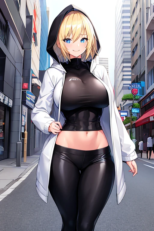 1girl, blonde hair, blue eyes, very short hair, hood up, jacket, white jacket, hooded jacket, black pants, black shirt, ((black shirt)), shirt, smile, tall, tall female, large breasts, toned, toned female, street, city, thick thighs, open jacket, breasts