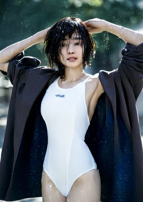 ((Top Quality, 8k, Masterpiece: 1.4)), japanese woman, ((short cut, skinny:1.4)), ((30 years old:1,0)), ((looking at viewer:1.4)), inside bedroom, large breasts, swept bangs, ((wet competitive white swimsuit:1.2))