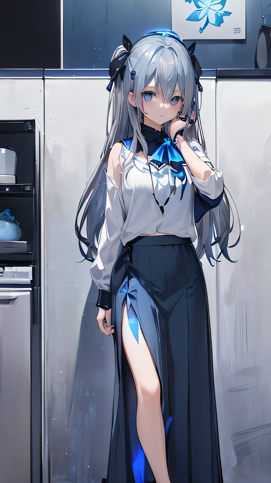 blue glowing、(((Black blue glowing eyes )))、((((Dark blue )))) 、((((Blue poi silver hair))))、(((Two Side Up Hair)))、(((Casual clothes)))、((((Casual maxi skirt))))