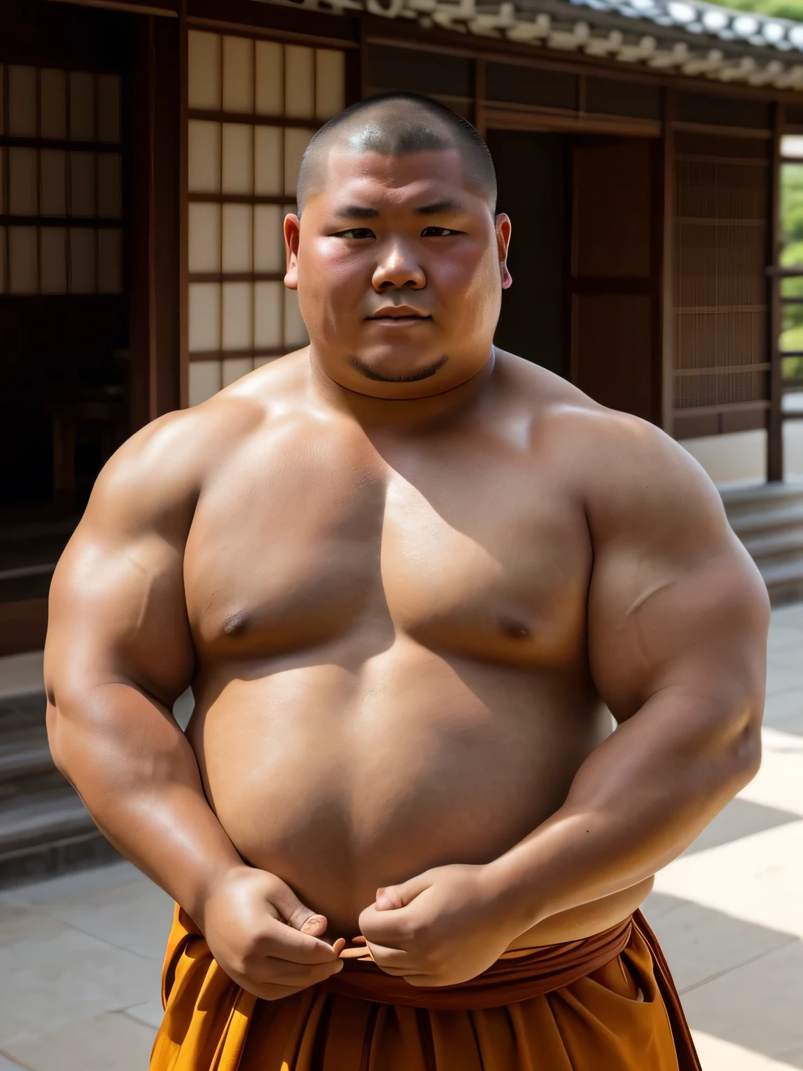 A young monk from ancient Japan, who looks like a fat bodybuilder like a sumo wrestler、He was standing there with a sunburned face and a haggard look on his face.
