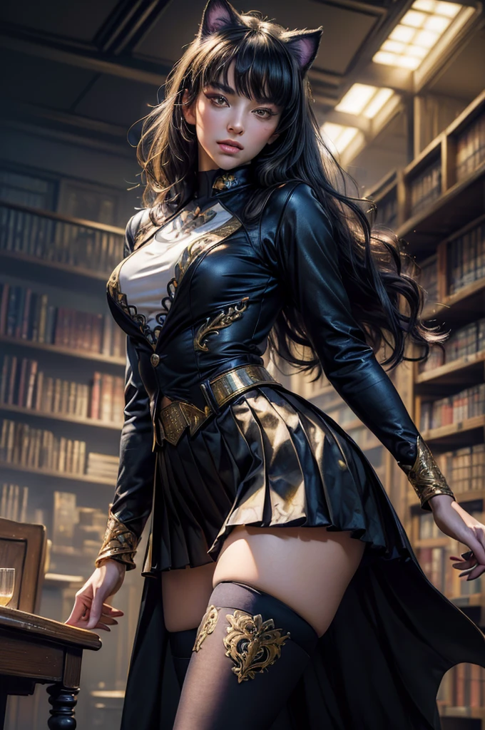 (masterpiece,stunning girlfriend, (standing:1.1), dynamic pose, heart shaped face, elegant face, beautiful face, highly detailed face, highly detailed skin, skin pores, subsurface scattering, realistic pupils, looking at viewer, full lips, detailed background, depth of field, atmospheric perspective, volumetric lighting, sharp focus, absurdres, realistic proportions, good anatomy, (realistic, hyperrealistic:1.4), 16k hdr, (masterpiece, best quality),  intricate details, 1girl,   blake_belladonna, gmuniform, pleated skirt, blue thighhighs,  black and gold uniform, library