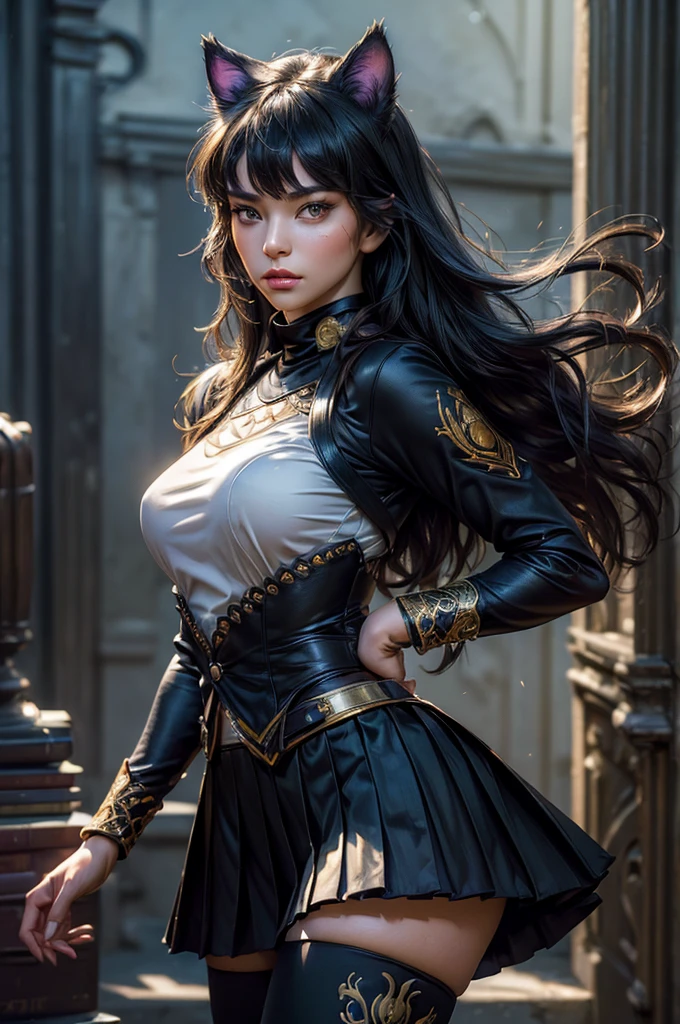 (masterpiece,stunning girlfriend, (standing:1.1), dynamic pose, heart shaped face, elegant face, beautiful face, highly detailed face, highly detailed skin, skin pores, subsurface scattering, realistic pupils, looking at viewer, full lips, detailed background, depth of field, atmospheric perspective, volumetric lighting, sharp focus, absurdres, realistic proportions, good anatomy, (realistic, hyperrealistic:1.4), 16k hdr, (masterpiece, best quality), intricate details, 1girl, blake_belladonna, gmuniform, pleated skirt, blue thighhighs, black and gold uniform, library