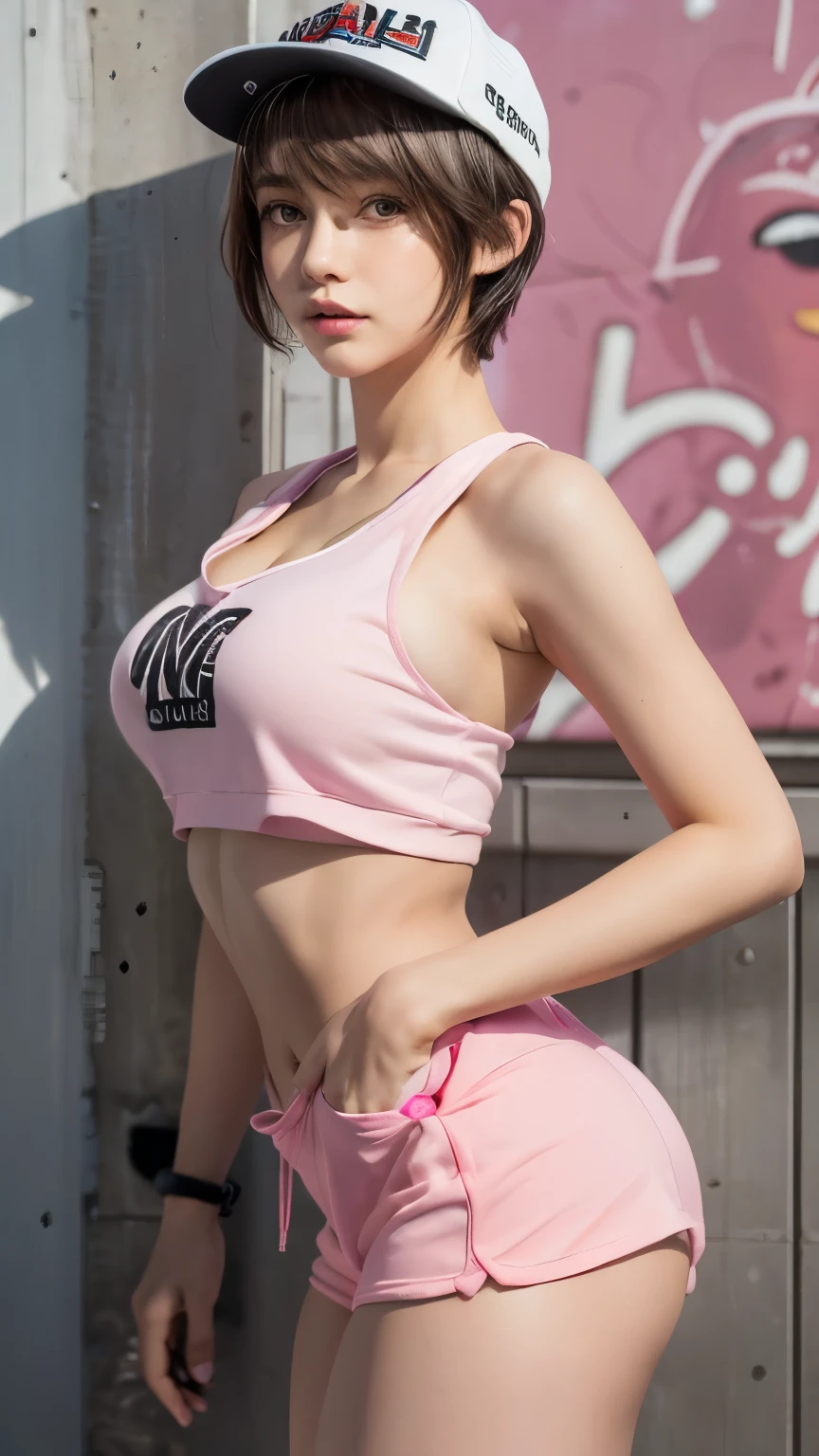masterpiece, highest quality, Super detailed, 8k, Photorealistic, One girl, alone, Tomboy, Super detailed face, (head shot:1.5), Standing against a wall covered in hip-hop graffiti, White hair color with pixie cut, She is wearing a short tank top and an unzipped fluorescent pink hoodie.,The chest is visible,Nice butt,Wearing a New Era cap