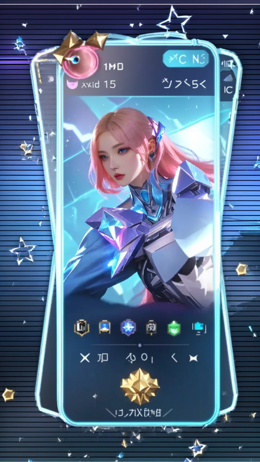 a beautiful girl in a blue dress holding a phone with a picture of a girl on it, iconic character splash art, kda, ethereal and mecha theme, character splash art, epic battle screen of hero, crystalline skin, mobile legends, lux, ashe, wild rift, inspired by Jules Chéret, official splash art, android mystic, full protrait