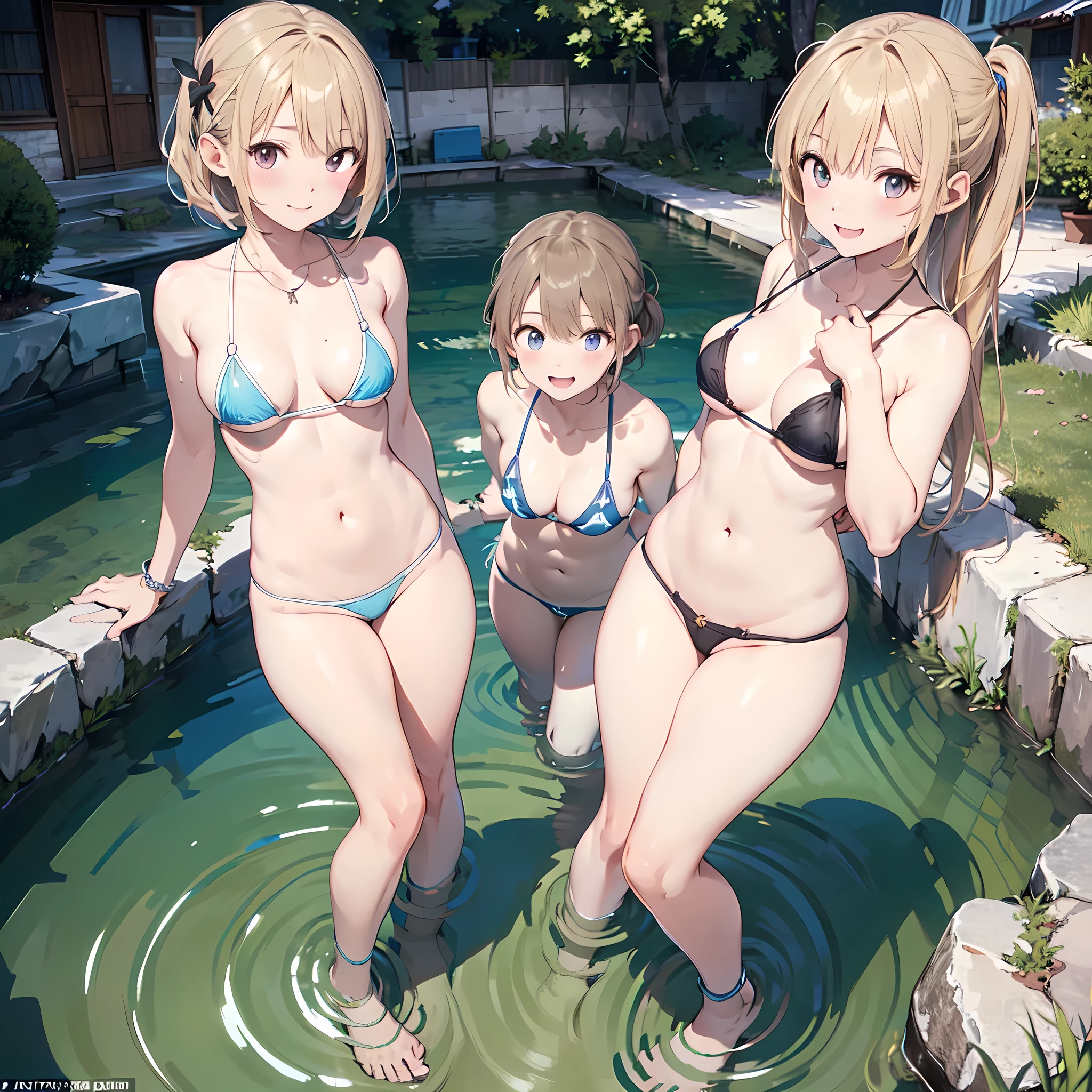 ((masterpiece, best quality, ultra quality, high quality, hyper detailed, intricate detailed, perfect anatomy, shiny skin, cowboy shot,)), (3women are posing for a camera in the water), Laughing with your mouth open,  brown hair, blond hair, navel, jewelry, looking at viewer, necklace, long hair, short hair, Abdominal muscles,(pastel colour:1.3, Thong)