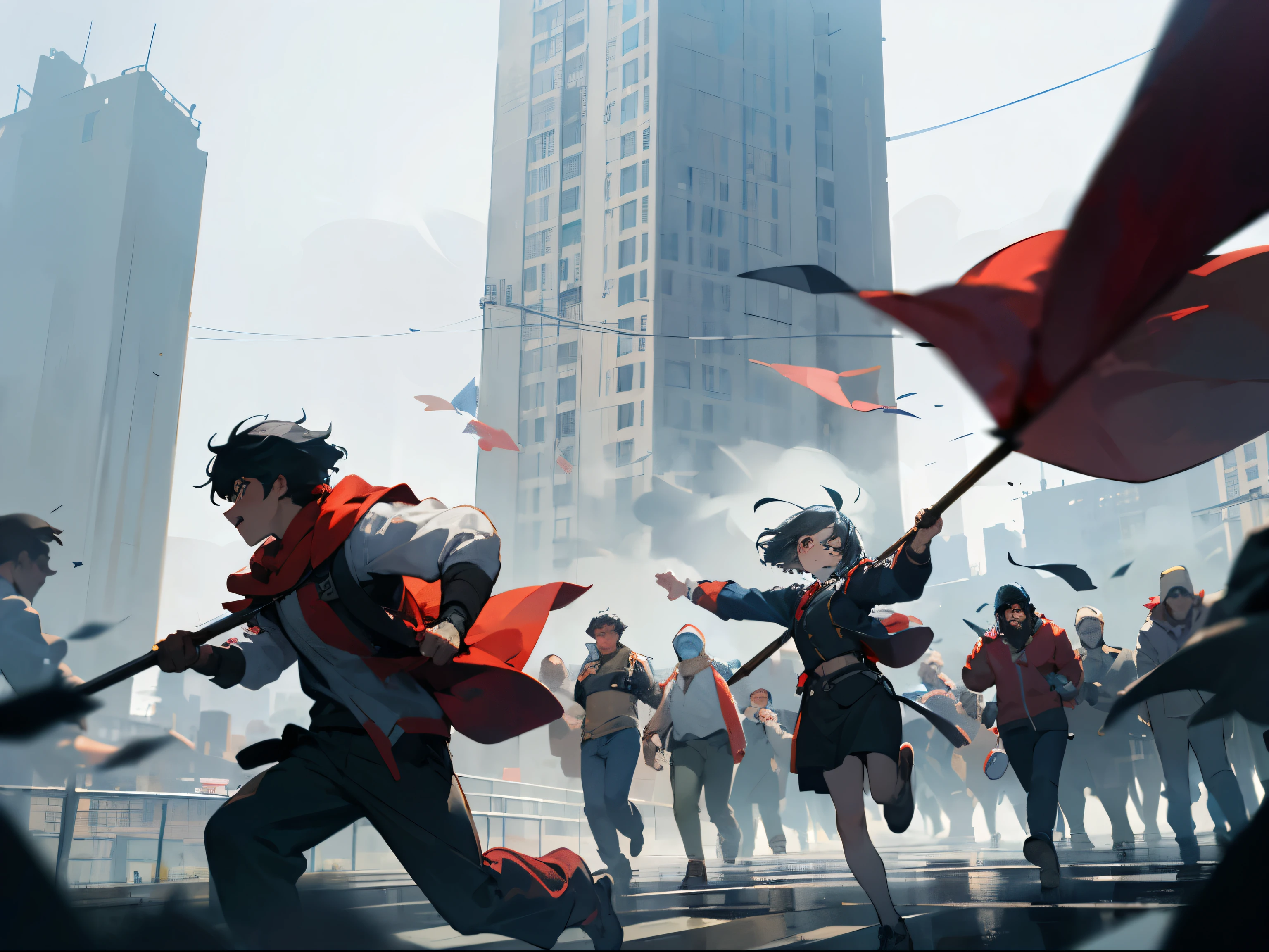 concept background, ((background)), ((best quality)), ((masterpiece)), dynamic, more people, liberation of the people, ((people released from prison)), Those who run away, 20+ mobs, a determined expression, foggy city, Grey City, fantasy city, black short hair. Human Girl, vanguard, raise the flag, It wasn't easy. Emily forms new alliances in the future world and, We had to work together with other survivors to escape this ruler's control.. she persuades them, train and, We had to fight together.