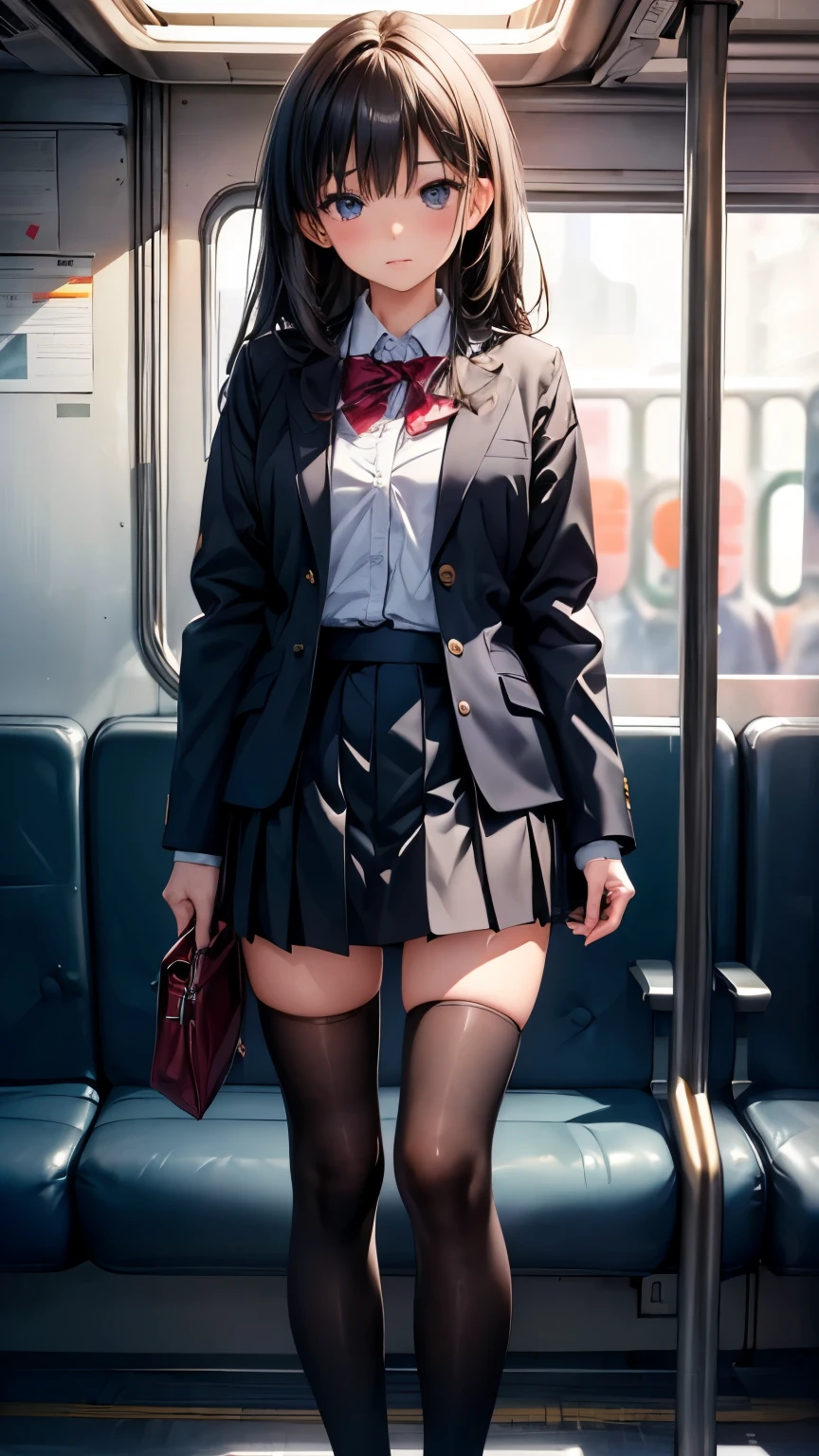 ((masterpiece, Highest_quality)), One girl, (Realistic:1.4),  alone, white_background, black_hair, length_hair,   zettai_ryouiki, skirt, ((full_body)),In a crowded train