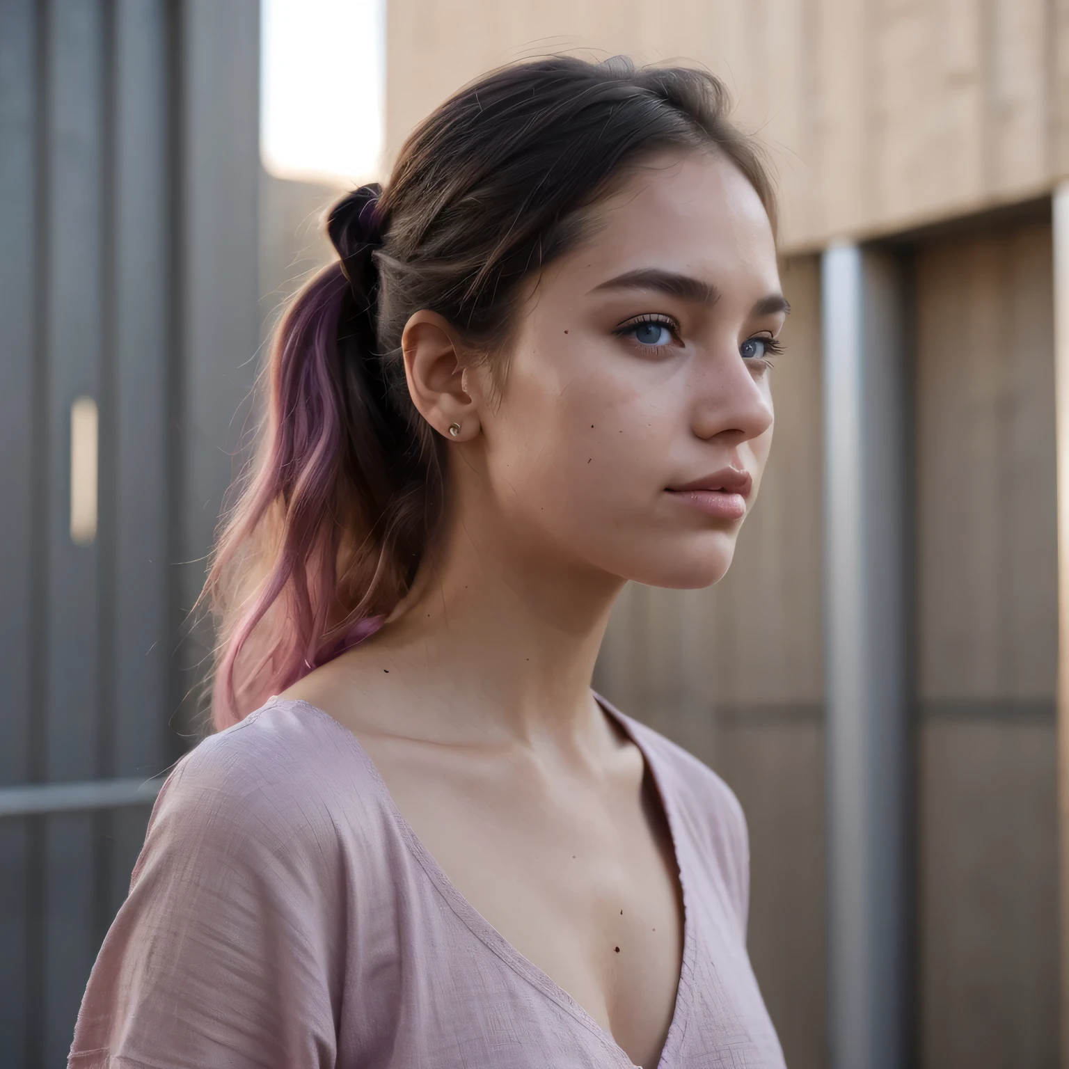 photo of a college student, in Purple Pink, Desert Linen, (freckles:0.8) cute face, sci-fi, dystopian, detailed eyes, Heterochromia eyes（（Side view））