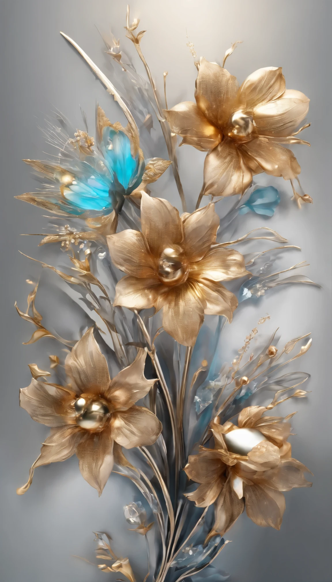 All expressed with jewels, the arrival of spring, various beautiful flowers, angles looking up from below, various jewels falling from the sky, wonderful and beautiful superb view, slightly hazy, fantastic, high resolution, 8K, (best quality, highres, realistic:1.37), shiny metallic flowers, intricate and delicate petals, reflective surfaces, vibrant colors, intricate details, close-up view, surreal garden, surreal beauty, dreamy atmosphere, fine art, abstract botanicals, metallic sculpture, contrasting textures, ethereal glow