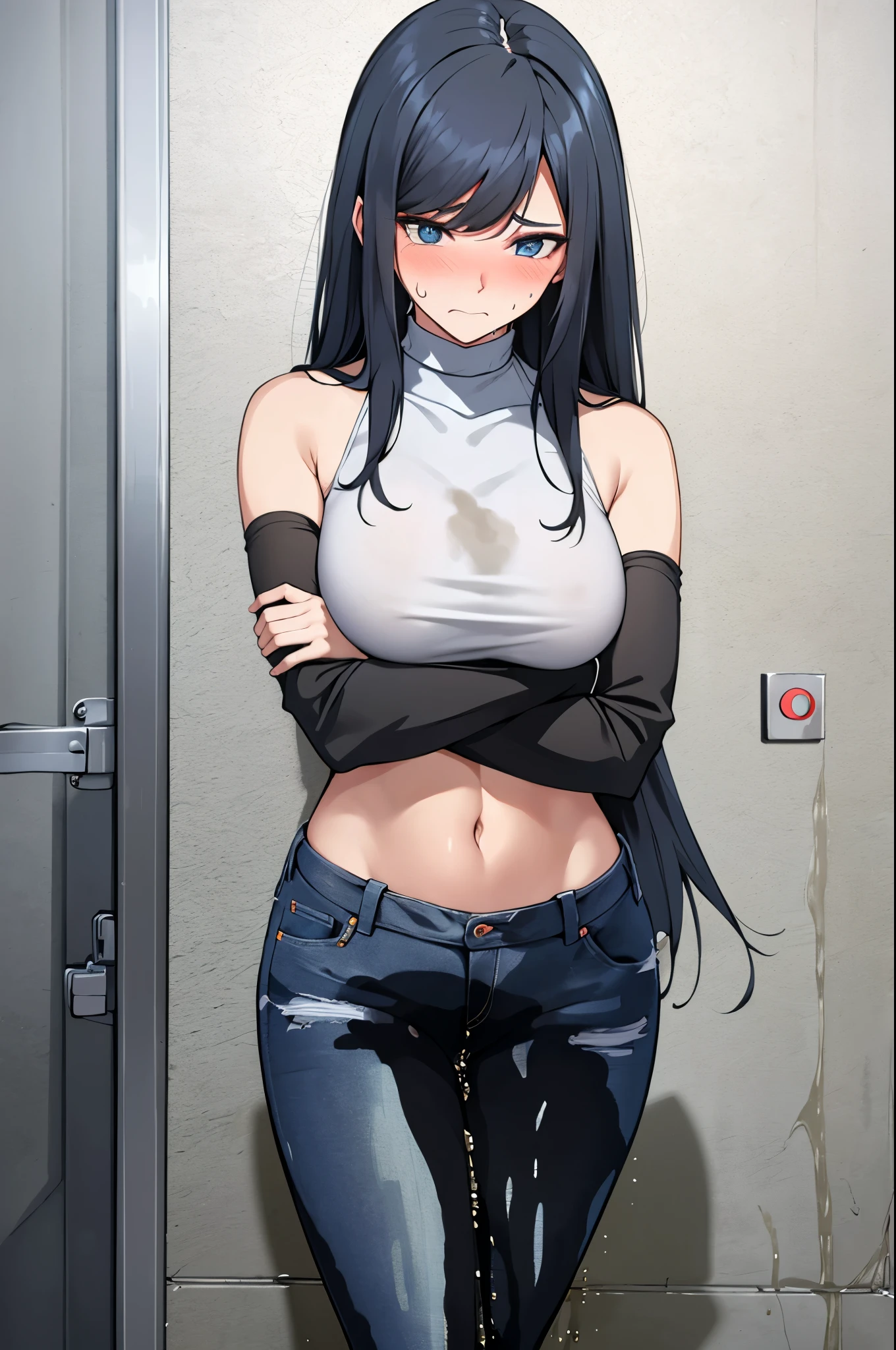 A woman with very long black hair and (very long bangs:1.5), wearing a stylish jacket and tight jeans, standing. The artwork is inspired by manga and incorporates a doujin style. The woman appears to be (wetting herself:1.5), which causes her to feel embarrassed and humiliated, resulting in a blush on her face. In addition, there is an air of anger in her expression. The lighting in the scene is moody, with a spotlight highlighting the woman's figure. She is crossing her arms, (arms crossed:1.5), fully showcasing her jeans., large breasts