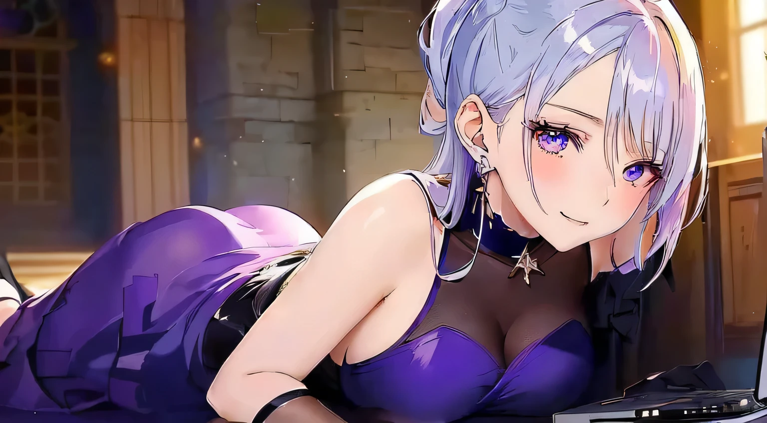 anime girl laying on the floor with a laptop in her lap, flirty anime witch casting magic, splash art anime , ayaka genshin impact, beautiful alluring anime woman, anime visual of a cute girl, fine details. girls frontline, seductive anime girl, beautiful alluring anime , anime visual of a young woman, fate grand order