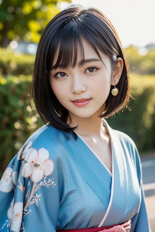 (highest quality:1.5)、(Realistic:1.5)、(1 person:1.5)、whole body、Very detailed、High resolution、8k wallpaper、kimono、kimono、Small breasts、Natural color lips、Cute smile、Japanese women、20 year old girl、Thin eyebrows、Beautiful and elegant face、cute顔、cute目、Big eyes、Fair skin、Beautiful and elegant face、Natural Bangs、Beautiful and thin nose、Beautiful Skin、Medium Bob Hair、Short Hair、Natural Bangs、Perfect and beautiful face、Slim face and figure、(Looking at the camera with a cute expression)、(Bright lighting)、Professional Lighting、 (Lighting from the front)、Natural smile、cute、Simple Background、Outdoor、