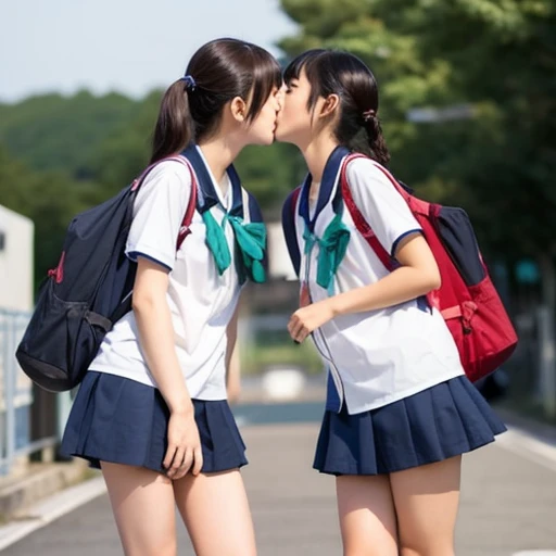 Two Japanese elementary school girls in short sleeves and shorts are kissing