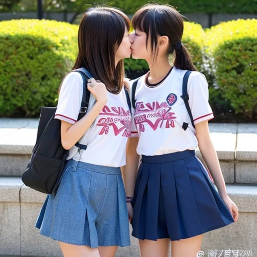Two Japanese elementary school girls in short sleeves and shorts are kissing
