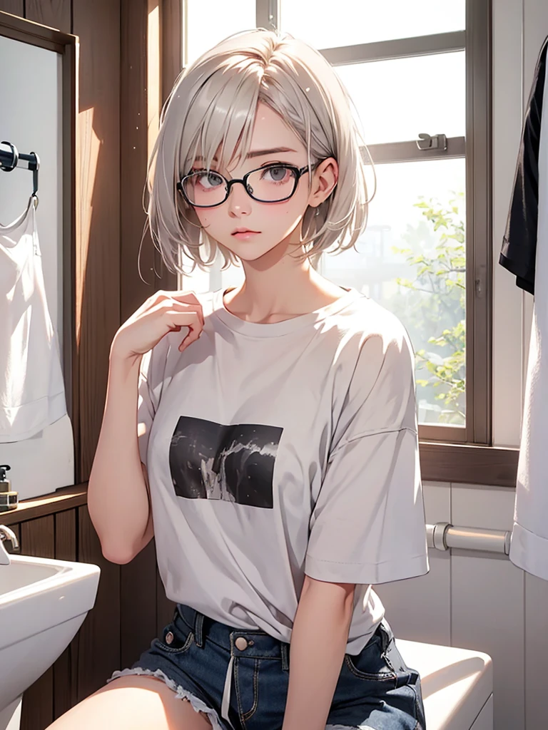 highest quality、Realistic、woman、Japanese、zoom、look up、cute、morning、Wash basin、Looks sleepy、Gray Eyes、Platinum Blonde Hair、short hair、Messy Hair、Glasses、Large T-shirt.Shorts、slender、Small breasts、Bust Shot