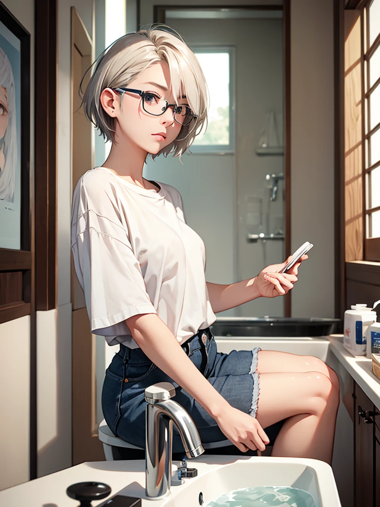 highest quality、Realistic、woman、Japanese、zoom、look up、cute、morning、Wash basin、Looks sleepy、Gray Eyes、Platinum Blonde Hair、short hair、Messy Hair、Glasses、Large T-shirt.Shorts、slender、Small breasts、Bust Shot