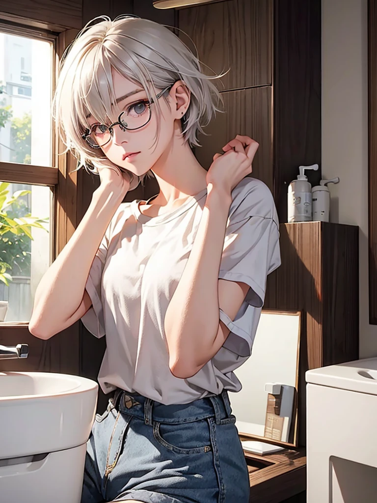 highest quality、Realistic、woman、Japanese、zoom、look up、cute、morning、Wash basin、Looks sleepy、Gray Eyes、Platinum Blonde Hair、short hair、Messy Hair、Glasses、Large T-shirt.Shorts、slender、Small breasts、Bust Shot
