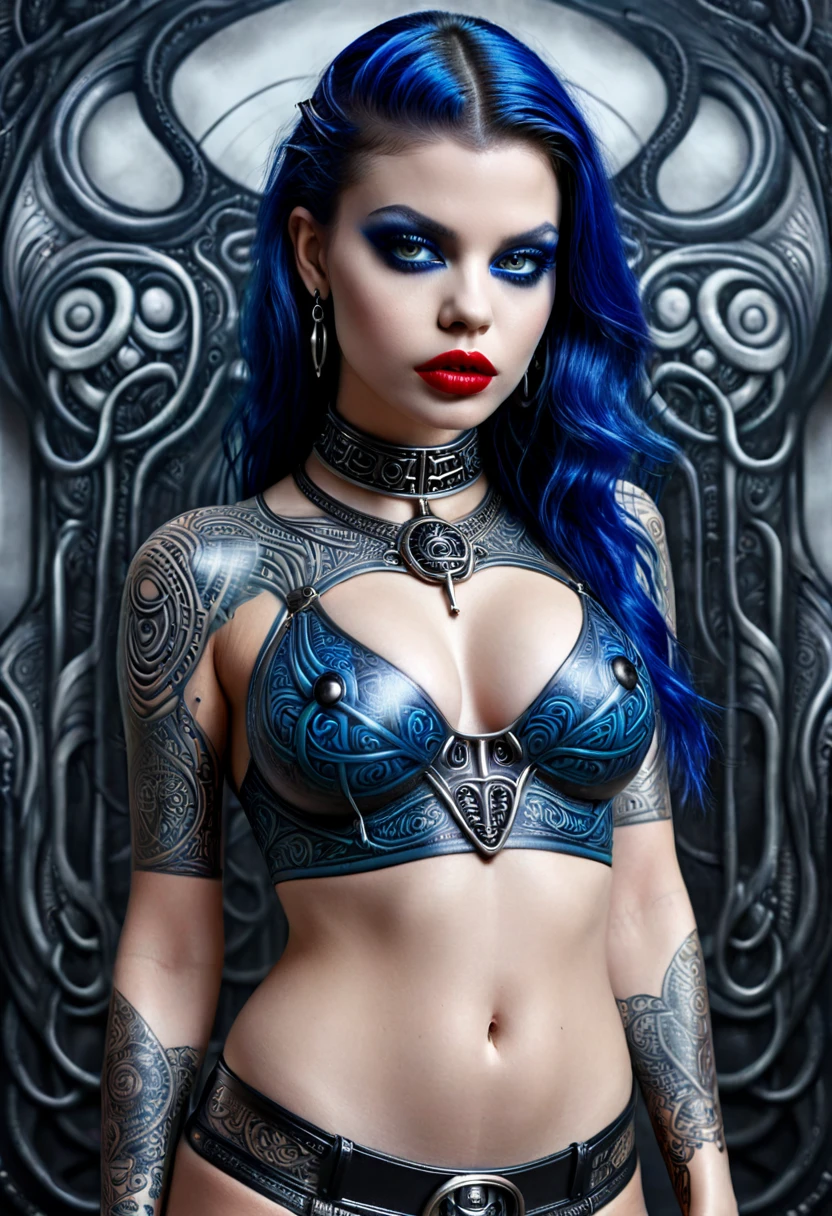Hyper photo realistic picture perfect Hr giger tattoos on female model, sexy seductive facial features, hr giger tattooed face, smooth snow white skin, thin curved black eyebrows, Black eyeliner, dark black eye shadow, neon blue eyes, crazy eyes, thick black lipstick, curved lips, extremely detailed long black wavy hair, vibrant red highlights, earrings, lip piercings, choker collar with chains, larg voluptuous chest, detailed small perky nipples, tattooed chest, hr giger tattooed Sternum underboob, hr giger tattooed stomach, slim waist, toned hips, toned thighs, tattooed back, tattooed hips,full body portrait,