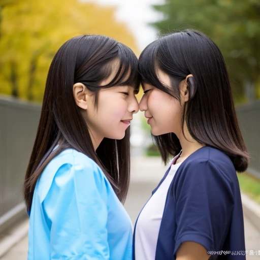 Two Japanese elementary school girls in short sleeves and shorts are kissing