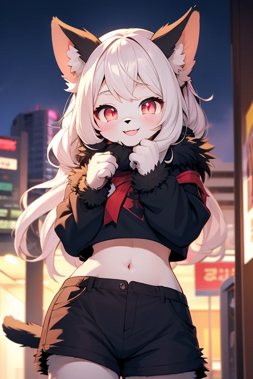 Female, furry, black fur, cat, red eyes, croptop and shorts, blushing and smiling, looking at user