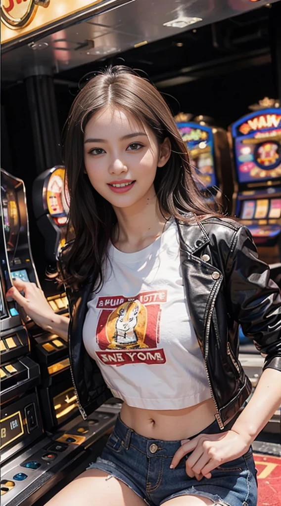 8k, Best Quality, (Beauty), High Definition, Realistic, Real Person, Jackpot at Slot Machine, Guts Pose, Smiling, Screaming, One Young Pretty Girl, Glossy Enamel Shorts, T-shirt Short Enough to Make Your Stomach, Short Leather Jacket, (Wearing a lot of fancy accessories))
