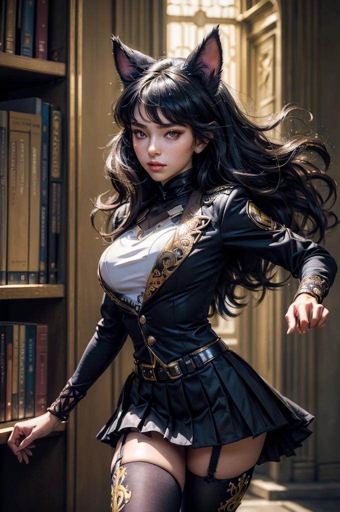 (masterpiece,stunning girlfriend, (standing:1.1), dynamic pose, heart shaped face, elegant face, beautiful face, highly detailed face, highly detailed skin, skin pores, subsurface scattering, realistic pupils, looking at viewer, full lips, detailed background, depth of field, atmospheric perspective, volumetric lighting, sharp focus, absurdres, realistic proportions, good anatomy, (realistic, hyperrealistic:1.4), 16k hdr, (masterpiece, best quality), intricate details, 1girl, blake_belladonna, gmuniform, pleated skirt, blue thighhighs, black and gold uniform, library