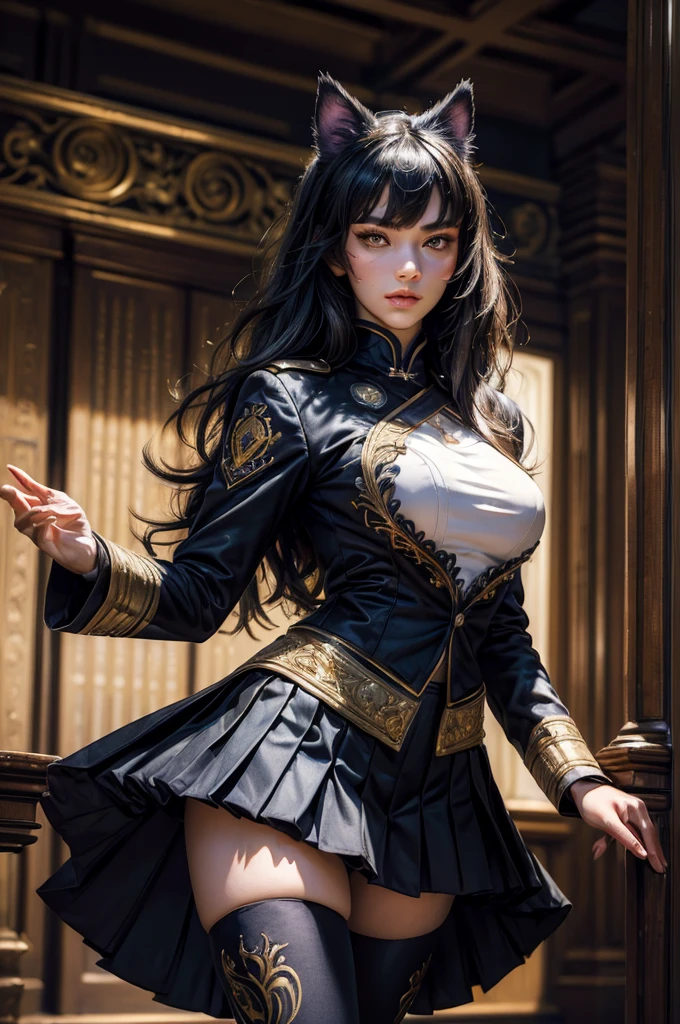 (masterpiece,stunning girlfriend, (standing:1.1), dynamic pose, heart shaped face, elegant face, beautiful face, highly detailed face, highly detailed skin, skin pores, subsurface scattering, realistic pupils, looking at viewer, full lips, detailed background, depth of field, atmospheric perspective, volumetric lighting, sharp focus, absurdres, realistic proportions, good anatomy, (realistic, hyperrealistic:1.4), 16k hdr, (masterpiece, best quality), intricate details, 1girl, blake_belladonna, gmuniform, pleated skirt, blue thighhighs, black and gold uniform, library