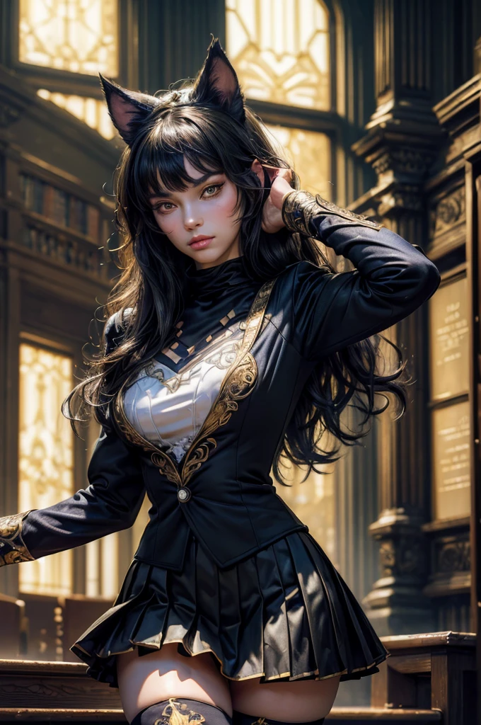(masterpiece,stunning girlfriend, (standing:1.1), dynamic pose, heart shaped face, elegant face, beautiful face, highly detailed face, highly detailed skin, skin pores, subsurface scattering, realistic pupils, looking at viewer, full lips, detailed background, depth of field, atmospheric perspective, volumetric lighting, sharp focus, absurdres, realistic proportions, good anatomy, (realistic, hyperrealistic:1.4), 16k hdr, (masterpiece, best quality),  intricate details, 1girl,   blake_belladonna, gmuniform, pleated skirt, blue thighhighs,  black and gold uniform, library
