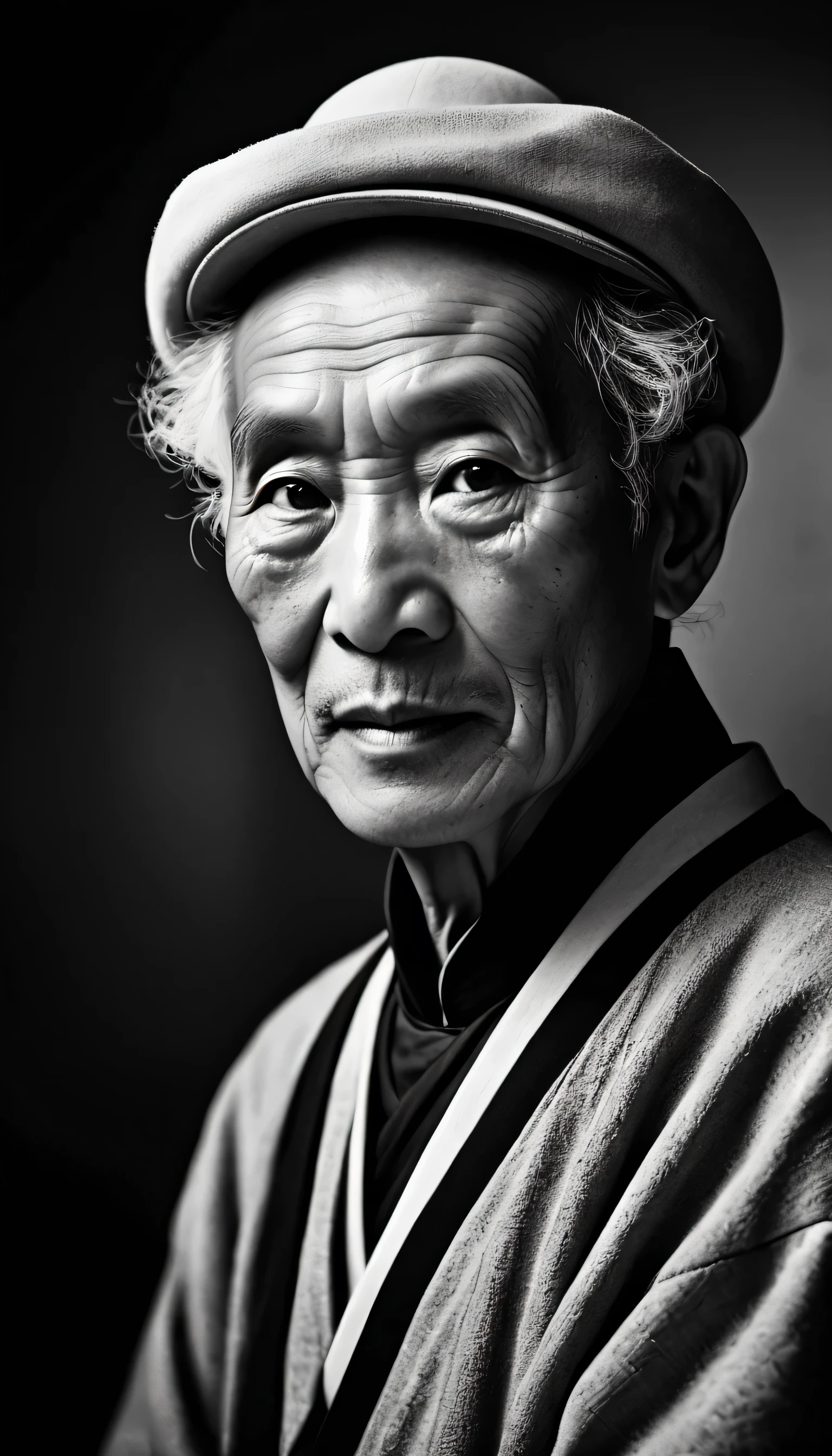 Black and White Photography，Stereoscopic photography，High Definition，Chinese elderly，Weathered，Eyes are bright and lively，Movie photo of George Clooney in close-up black and white, In the style of Mario Testino, Chiaroscuro, Paolo Veronese, Captivating Hollywood portrait, Marc Chagall, animated Movie pioneer, Pentax 5N,Dark studio,dark black background，Man with white gradient around him,((High contrast:2)) <Lola:deep_dark_studio_XL-000003:0.5 . 35mm Photo, Movie, Bokeh, professional, 4K, Very detailed，（RAW photos，Best quality），（reality，Photo reality：1.3），masterpiece，Extremely exquisite and beautiful，high resolution，Original，Perfect lighting，（Extremely detailed CG：1.2），Unite，2k wallpaper，Amazing，Fine detail illustration,