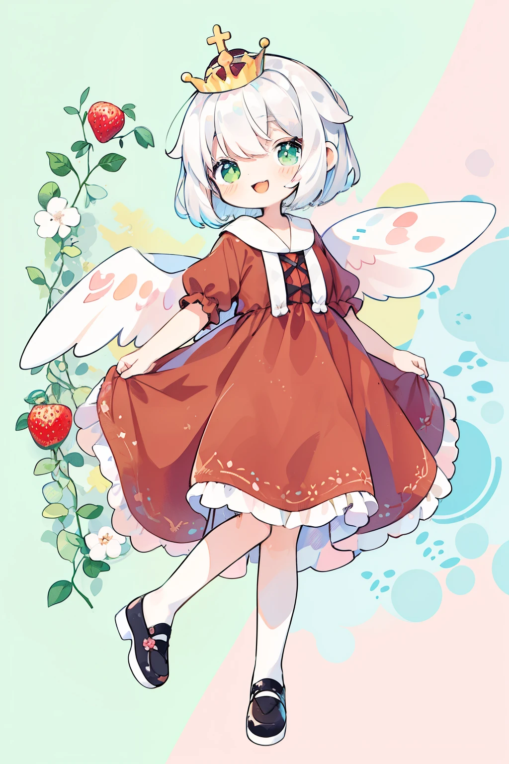 (Pastel Color: 1.5), (Cute Illustration: 1.5), (Watercolor:0.2), red and green background, girl, brown hair, smile, pale red throughout, haze, fairy tale, princess, lots of wild strawberries, ivy, circle, red dress, strawberry crown、(PastelColors:1.3)、(Cute illustration:1.3)、(aquarelle:1.1)、absurderes, hight resolution, (Harpy:1.1) Lolita Girls , Smile,Happy, (Red:0.3) And white costume, Spread white wings, White hair, Flying Ace, (shoes)