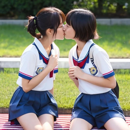 Two Japanese elementary school girls in short sleeves and shorts are kissing