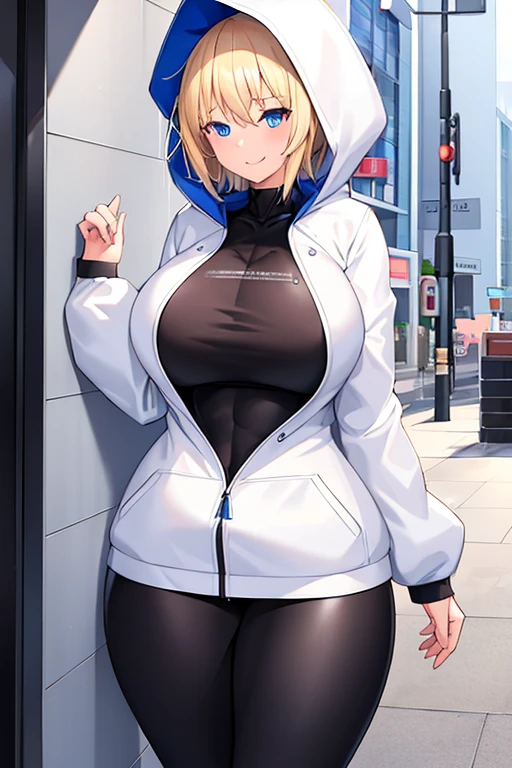 1girl, blonde hair, blue eyes, very short hair, hood up, jacket, white jacket, hooded jacket, black pants, black shirt, ((black shirt)), shirt, smile, tall, tall female, huge breasts, toned, toned female, street, city, thick thighs, open jacket, breasts