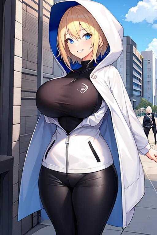 1girl, blonde hair, blue eyes, very short hair, hood up, jacket, white jacket, hooded jacket, black pants, black shirt, ((black shirt)), shirt, smile, tall, tall female, huge breasts, toned, toned female, street, city, thick thighs, open jacket, breasts