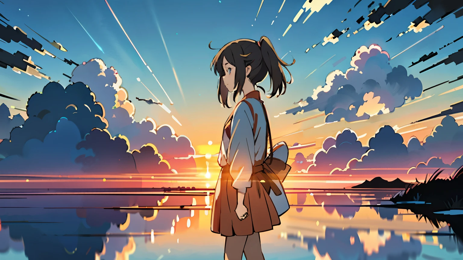 (Anime Sharp:1.2), A 1970s landscape of the Japanese countryside, A 16-year-old girl with headphones and pigtails is walking into the distance in a vast space., Enveloped in the colors of the evening sky. The setting sun casts a warm glow, Reflected in the blue sky and summer clouds that spread out on all sides, Create breathtaking paintings.