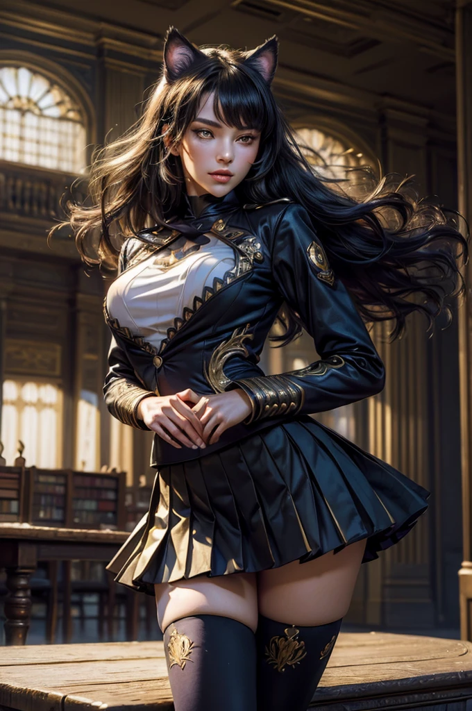 (masterpiece,stunning girlfriend, (standing:1.1), dynamic pose, heart shaped face, elegant face, beautiful face, highly detailed face, highly detailed skin, skin pores, subsurface scattering, realistic pupils, looking at viewer, full lips, detailed background, depth of field, atmospheric perspective, volumetric lighting, sharp focus, absurdres, realistic proportions, good anatomy, (realistic, hyperrealistic:1.4), 16k hdr, (masterpiece, best quality),  intricate details, 1girl,   blake_belladonna, gmuniform, pleated skirt, blue thighhighs,  black and gold uniform, library