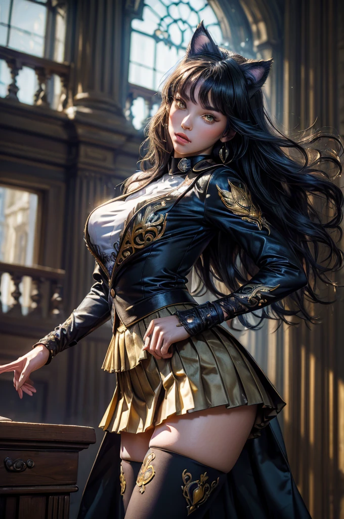 (masterpiece,stunning girlfriend, (standing:1.1), dynamic pose, heart shaped face, elegant face, beautiful face, highly detailed face, highly detailed skin, skin pores, subsurface scattering, realistic pupils, looking at viewer, full lips, detailed background, depth of field, atmospheric perspective, volumetric lighting, sharp focus, absurdres, realistic proportions, good anatomy, (realistic, hyperrealistic:1.4), 16k hdr, (masterpiece, best quality),  intricate details, 1girl,   blake_belladonna, gmuniform, pleated skirt, blue thighhighs,  black and gold uniform, library
