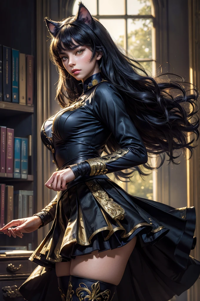 (masterpiece,stunning girlfriend, (standing:1.1), dynamic pose, heart shaped face, elegant face, beautiful face, highly detailed face, highly detailed skin, skin pores, subsurface scattering, realistic pupils, looking at viewer, full lips, detailed background, depth of field, atmospheric perspective, volumetric lighting, sharp focus, absurdres, realistic proportions, good anatomy, (realistic, hyperrealistic:1.4), 16k hdr, (masterpiece, best quality), intricate details, 1girl, blake_belladonna, gmuniform, pleated skirt, blue thighhighs, black and gold uniform, library